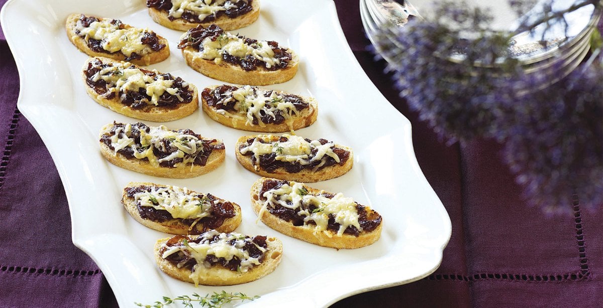 Caramelized Onion, Gruyere, and Pomegranate Crostini
