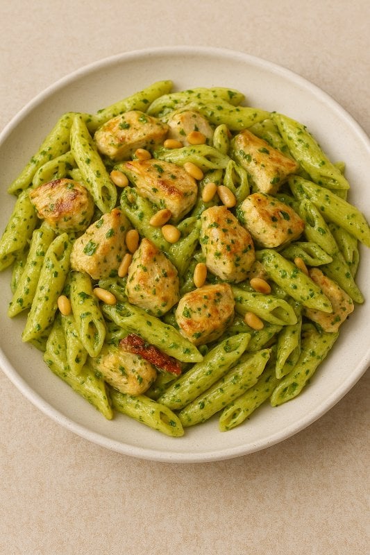 Penne Con Pesto with Pine Nuts and Chicken
