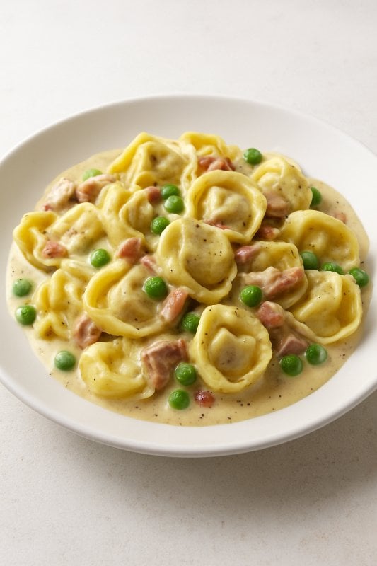 Beef Tortellini with Cream Sauce, Prosciutto, and Green Peas