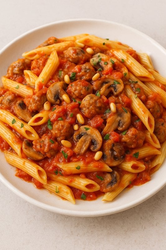 Penne Con Salsiccia with Italian Sausage, Mushrooms, Pine Nuts, and Tomato Sauce