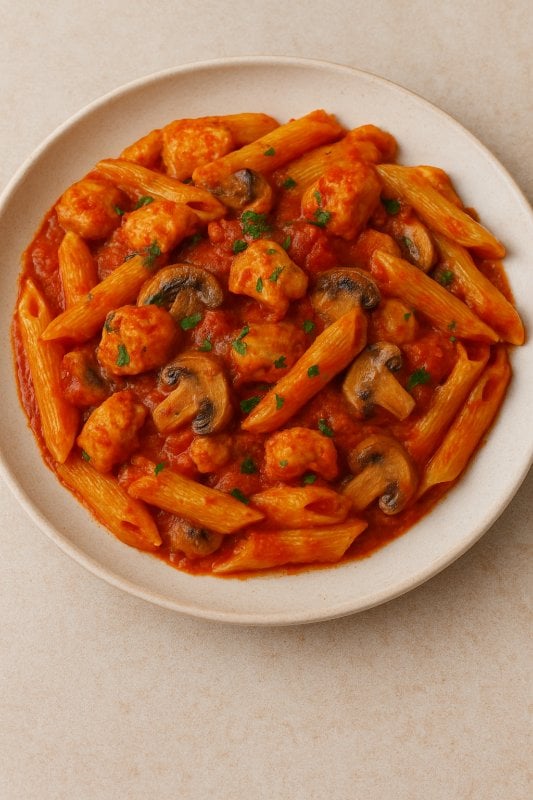 Gluten-Free Penne with Chicken and Mushrooms in a Spicy Tomato Sauce (GF)