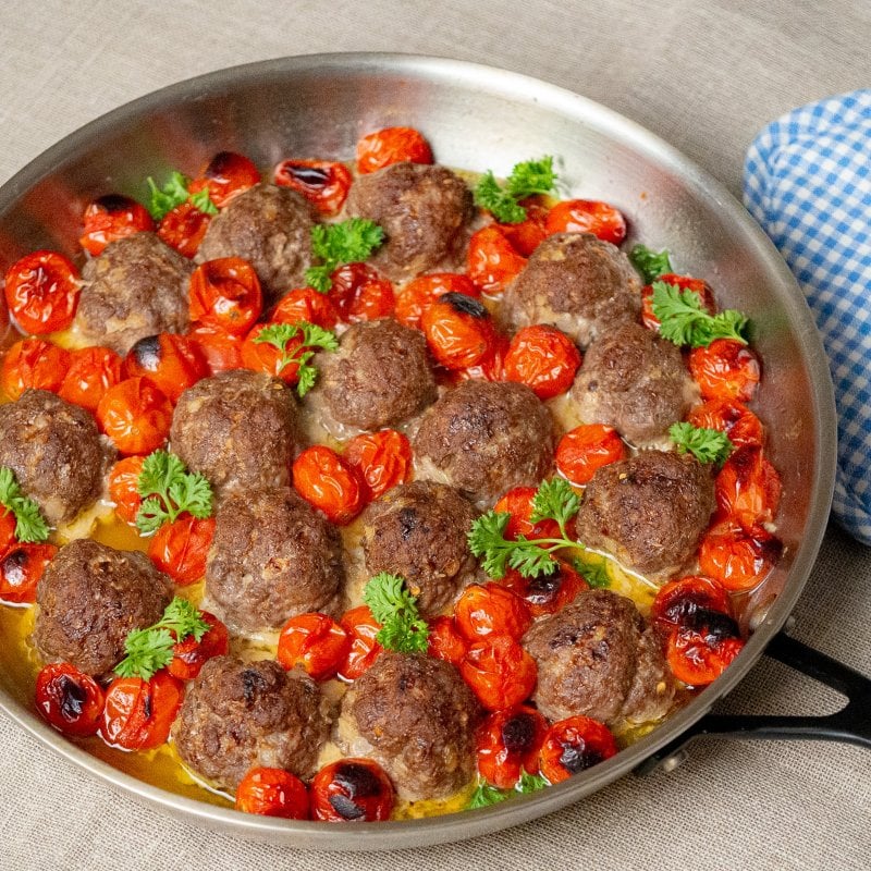 Beef Meatballs with Pesto, Spicy Tomato or Cherry Reduction Sauce (2 Pieces)