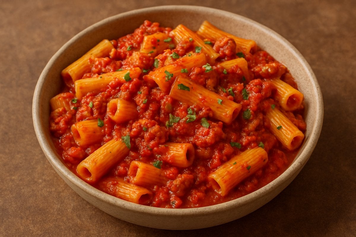 Rigatoni with a Lightly Spicy Meat and Tomato Sauce