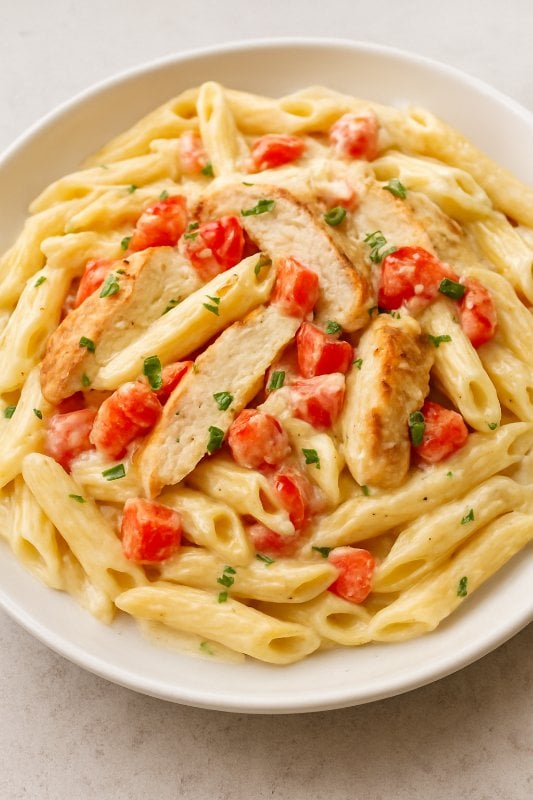 Penne with Chicken and Fresh Tomatoes in Alfredo Sauce