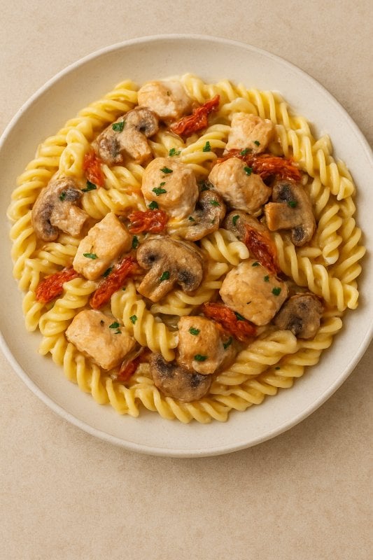Fusilli Con Pollo with Sun-Dried Tomatoes, Chicken, and Mushrooms in Alfredo Sauce