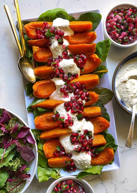 Whipped Feta, Pomegranate, and Roasted Butternut Squash Crostini