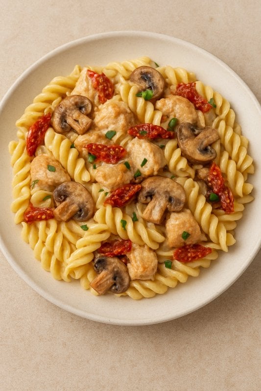 Fusilli Con Pollo with Sun-Dried Tomatoes, Chicken, and Mushrooms in Alfredo Sauce